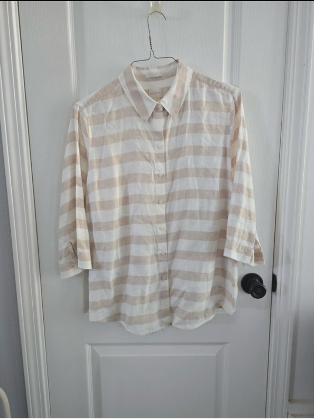 Chico's Beige and White Striped ButtonUp Shirt 100% Linen Resort Wear Coastal XL